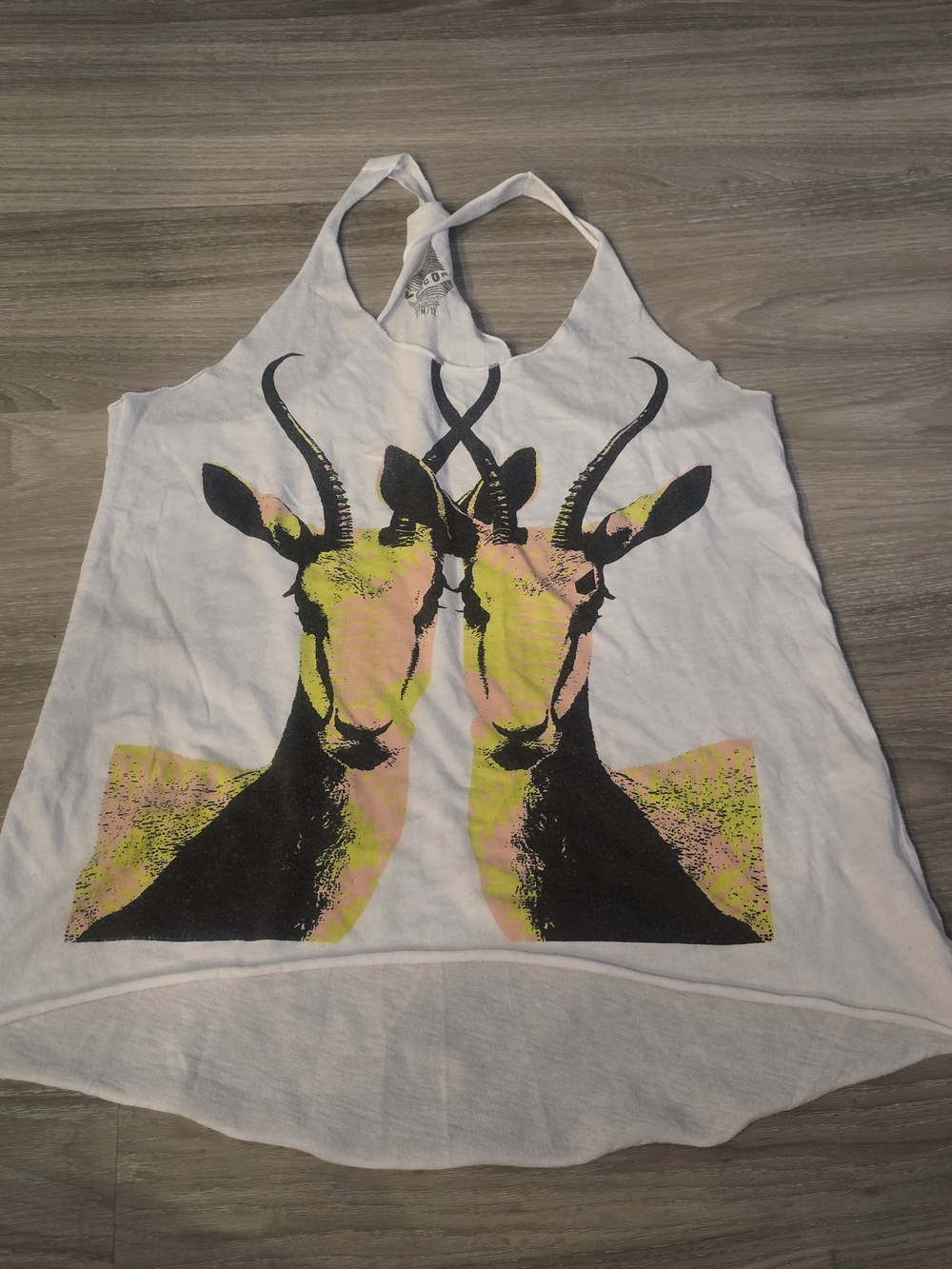 Volcom White Racerback Tank with Neon Antelope Graphic